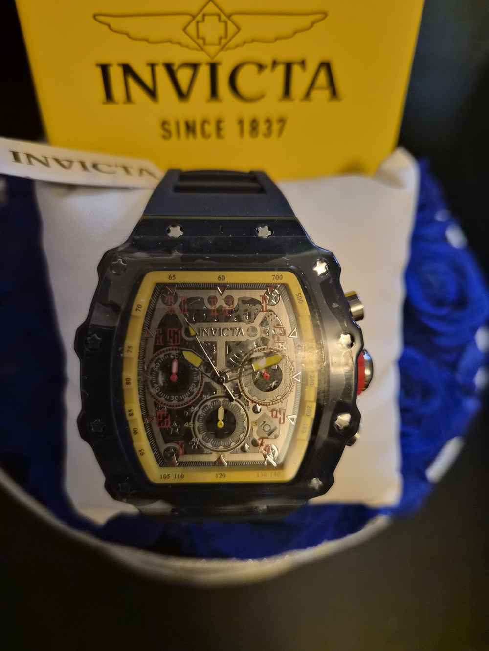 Invicta Black and Yellow Skeleton Dial Chronograph Watch